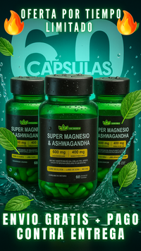 Super Magnesio & Ashwagandha – 600 mg de Magnesio + 400 mg de Ashwagandha | 60 cápsulas veganas